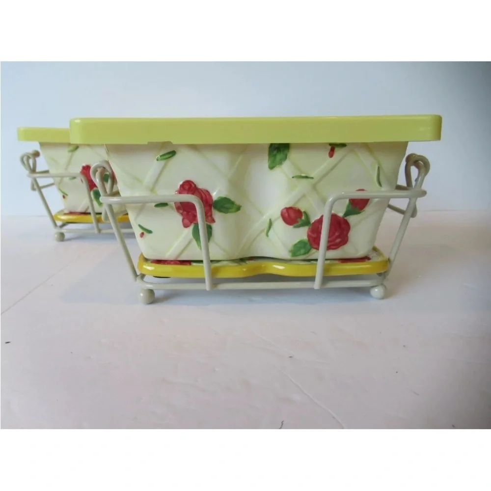 Yellow Old World Rose 8 Pc Set 2 Ceramic 1 QT Plates Lids Baskets